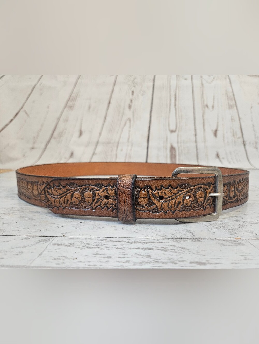 Brown Tooled Leather Amish Made Belt Leaves And Acorns 44